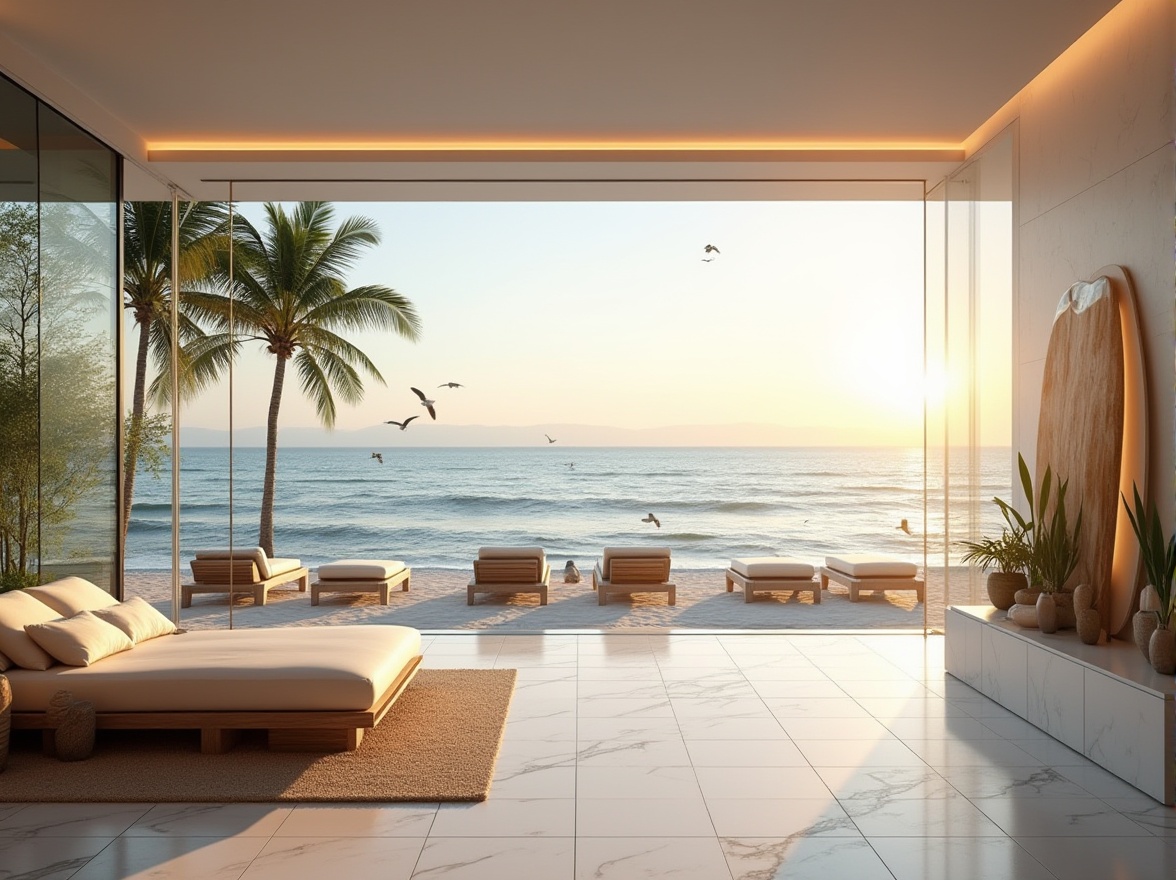 Prompt: Modern beach villa, luxurious interior design, sleek lines, minimalist decor, large windows, ocean view, sandy beach, palm trees, lounge chairs, beach balls, surfboard, tropical plants, warm lighting, sunset ambiance, 3/4 composition, shallow depth of field, pastel color palette, soft focus, gentle waves, seagulls flying overhead, driftwood sculpture, natural texture, abstract art piece, marble floor, minimalist furniture, ambient sounds of the ocean.