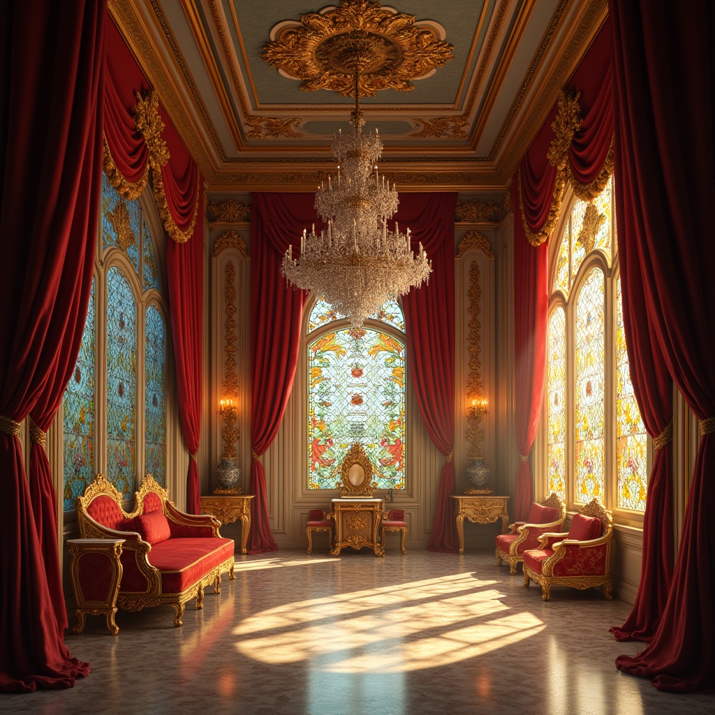 Prompt: Baroque style, luxurious interior, ornate details, grand chandelier, colorful stained glass windows, refracting light, warm ambiance, rich velvet drapes, golden frame, intricate patterns, fresco ceiling, marble floor, ornate furniture, lavish decor, softbox lighting, warm color palette, depth of field, cinematic composition.