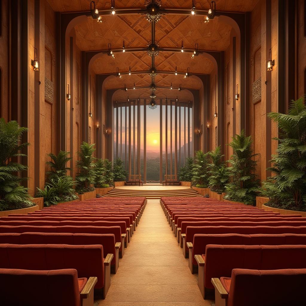 Prompt: Savanna-inspired auditorium design, grandiose architecture, majestic pillars, natural wood accents, earthy tones, greenery walls, tropical plants, curved lines, geometric patterns, African-inspired textiles, warm ambient lighting, soft spotlights, wooden benches, velvet red seats, golden ornate details, intricate carvings, acoustic panels, sound-absorbing materials, panoramic views, sunset hues, dramatic high ceiling, open space, minimal decor, modern yet rustic fusion.