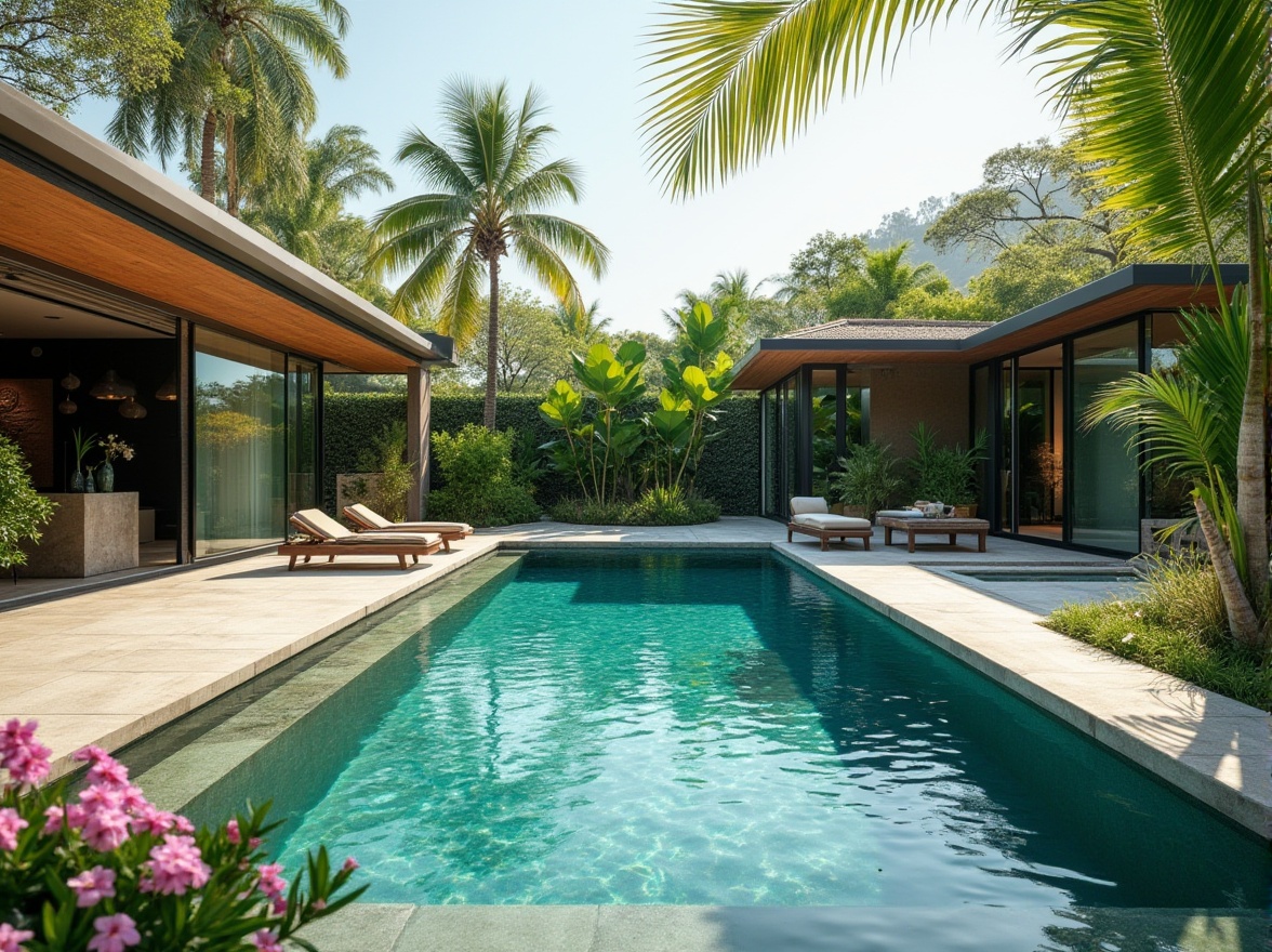 Prompt: Eco-friendly pool, modern architecture, luxurious villa, backyard oasis, sustainable practices, natural stone deck, saltwater system, solar-powered pump, rainwater harvesting, grey water reuse, lush greenery surroundings, tropical plants, palm trees, vibrant flowers, serene ambiance, warm sunlight, soft focus, shallow depth of field, 3/4 composition, horizontal format, natural light, gentle ripples on the water surface.