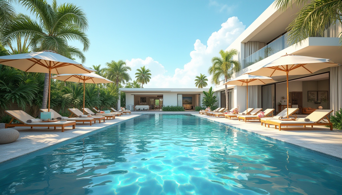 Prompt: Luxurious pool scene, Chukum material, modern villa, backyard oasis, sunny day, clear blue sky, palm trees surrounding, lounge chairs, umbrellas, refreshing cocktails, pool noodles, water slides, kids playing, laughter and splashing sounds, warm sunlight reflecting off the pool's calm surface, soft ripples, gentle waves, realistic texture, detailed render, ambient lighting, 3/4 composition, panoramic view.