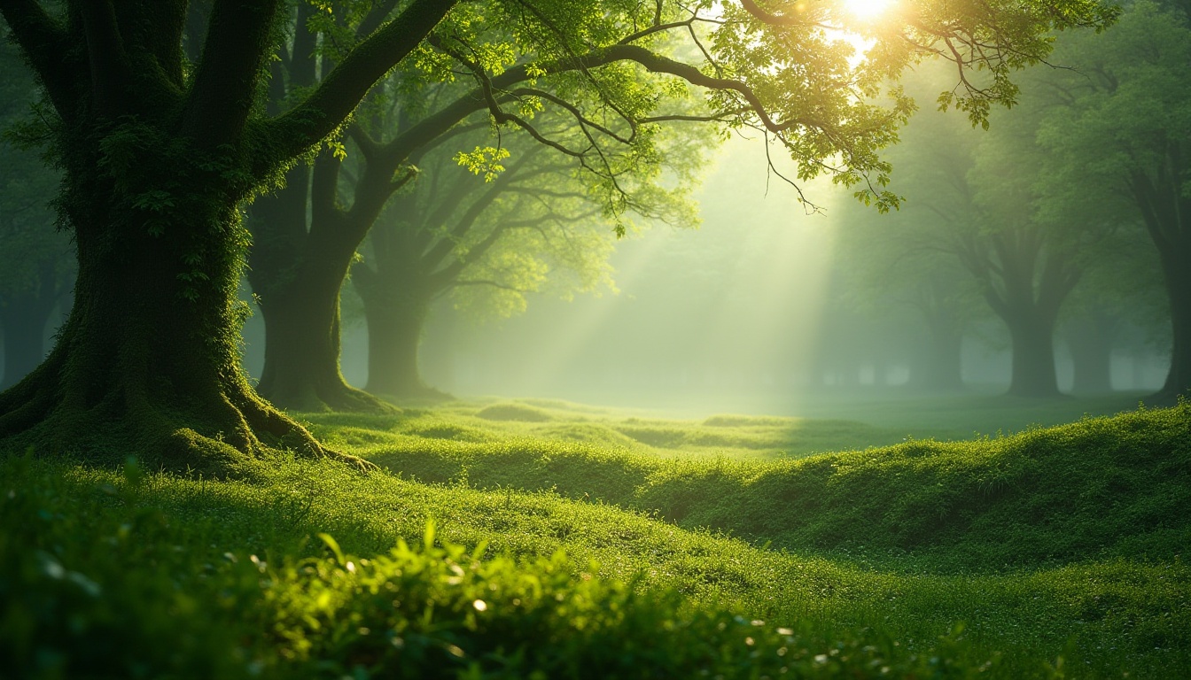 Prompt: Moss green, calming atmosphere, serene natural scenery, lush forest, misty morning, foggy hills, soft grass, gentle slopes, peaceful ambiance, vibrant moss covering ancient trees, twinkling dew drops, warm sunlight filtering through leaves, shallow focus, bokeh effect, cinematic composition, 3/4 view, natural light, softbox lighting.