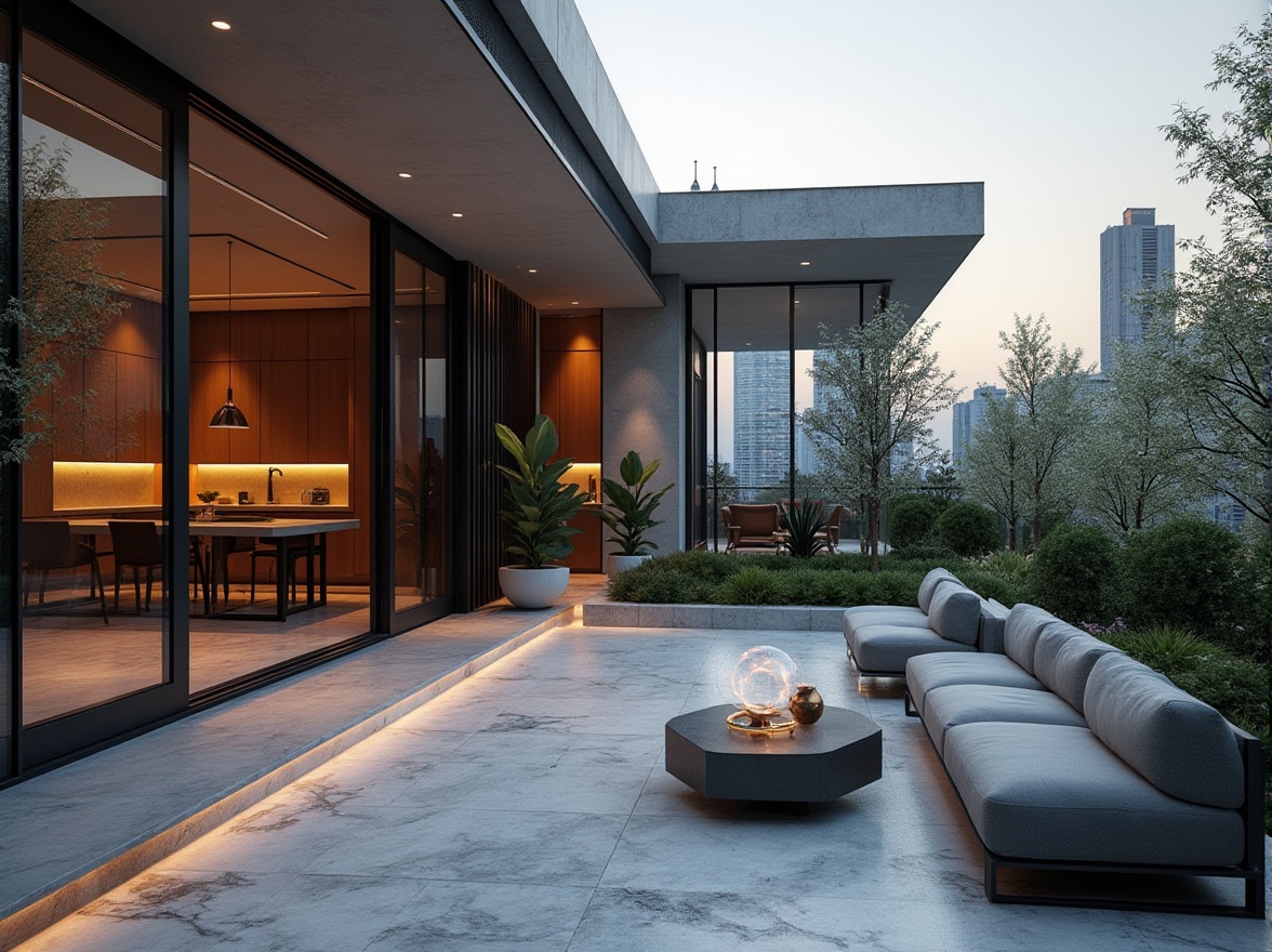 Prompt: Modern outdoor space, minimalist garden, sleek lines, geometric shapes, monochromatic color scheme, marble flooring, steel furniture, low-maintenance plants, succulents, modern sculpture, abstract art piece, floor-to-ceiling glass walls, sliding doors, seamless transition, indoor-outdoor connection, warm ambient lighting, evening atmosphere, city skyline view, rooftop garden, urban oasis.