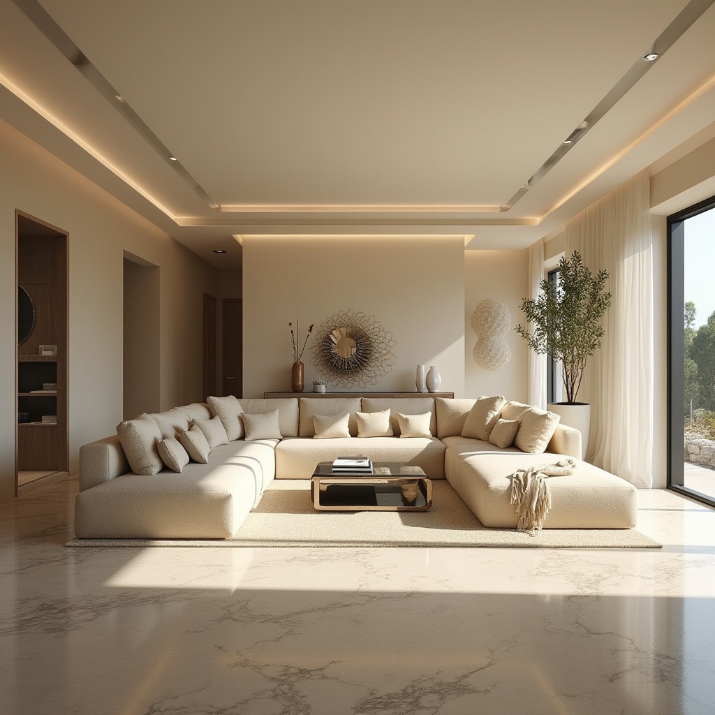 Prompt: Sand-casted materials, design elements, modern interior, luxurious villa, spacious living room, minimalist decor, natural light pouring in through floor-to-ceiling windows, cream-colored walls, polished marble floors, sleek low-profile couch, glass coffee table, decorative metal art piece, ambient warm lighting, 3/4 composition, shallow depth of field.