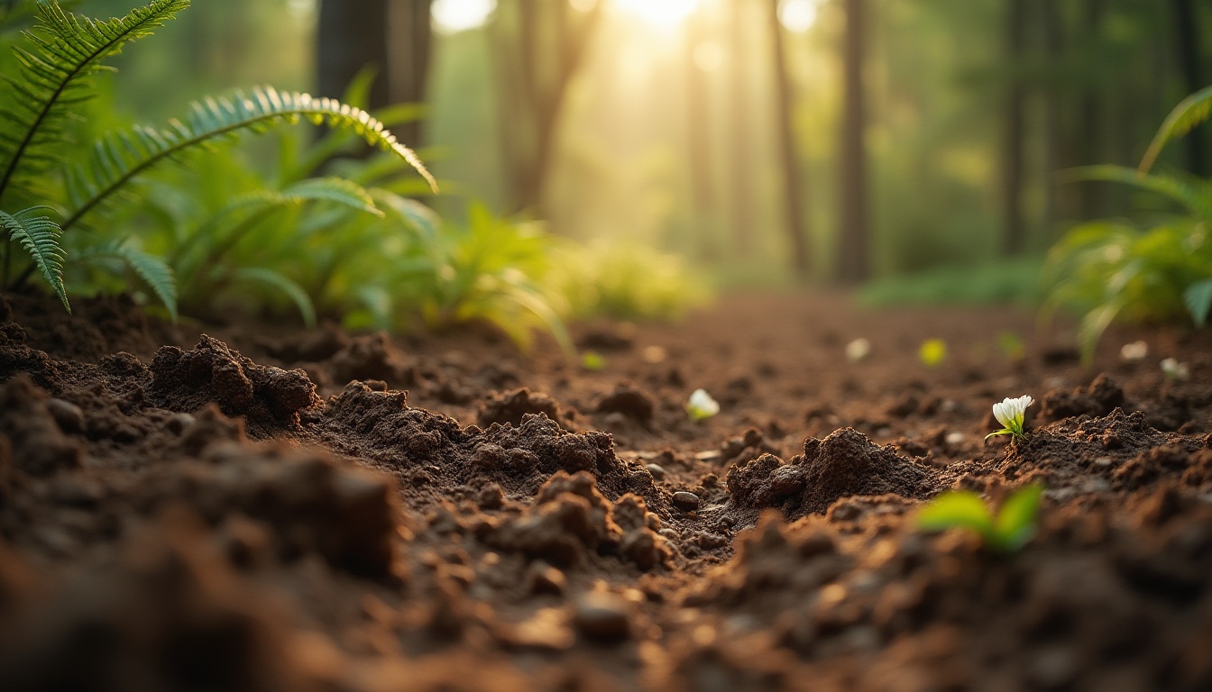 Prompt: Earthy mud material, natural texture, organic patterns, rough uneven surface, brown color palette, soil scent, outdoor ambiance, forest floor setting, surrounded by ferns and wildflowers, warm sunlight filtering through trees, gentle misty atmosphere, 3/4 composition, close-up shot, soft focus, natural lighting.