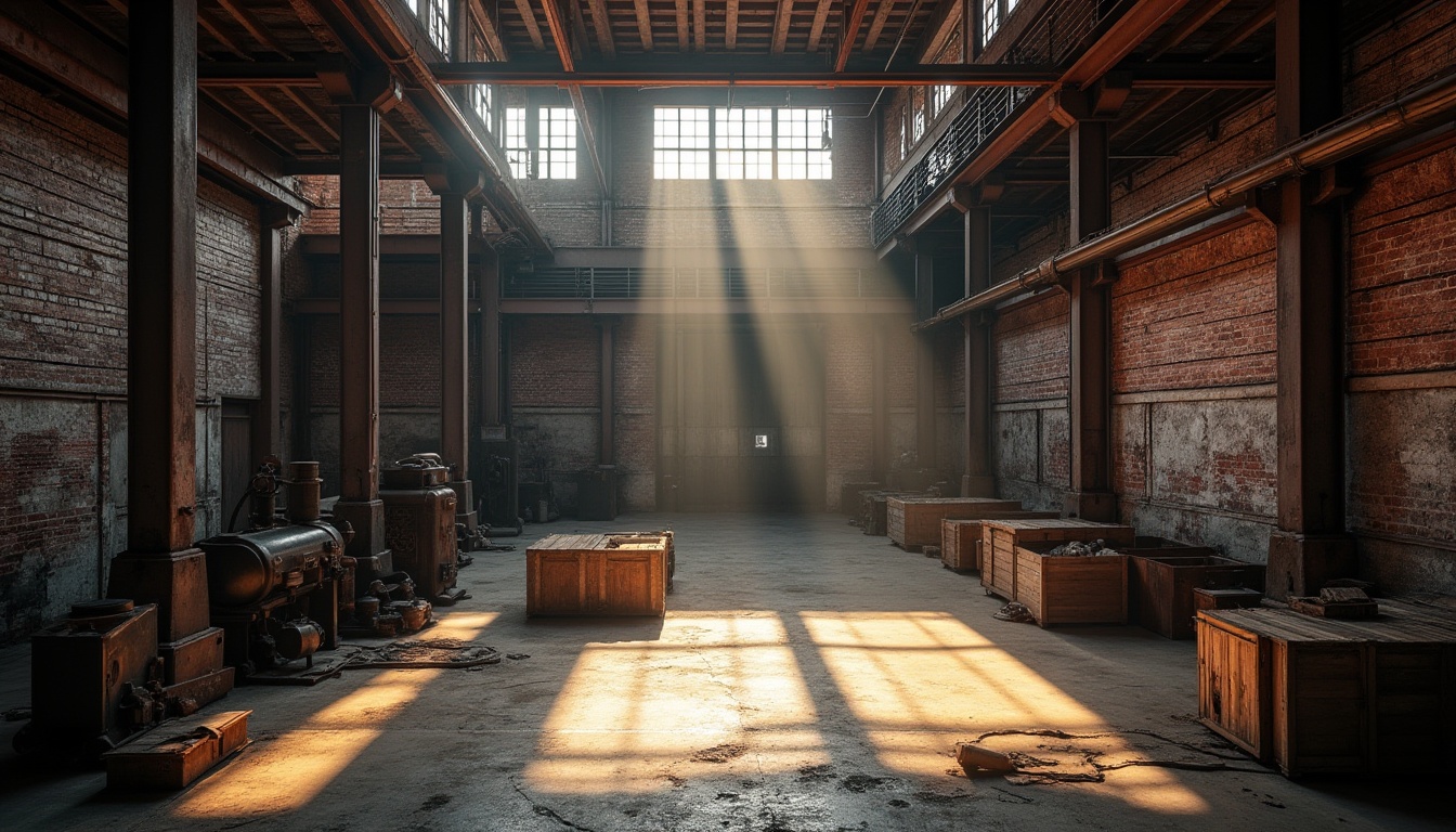 Prompt: Industrial warehouse, rustic brick walls, metal beams, wooden crates, old machinery, vintage tools, dim warm lighting, afternoon sunbeams through skylights, concrete floors, steel pillars, worn wooden dock doors, rusty metal pipes, distressed finishes, urban landscape, cityscape background, atmospheric perspective, cinematic composition, high contrast, dramatic shadows.