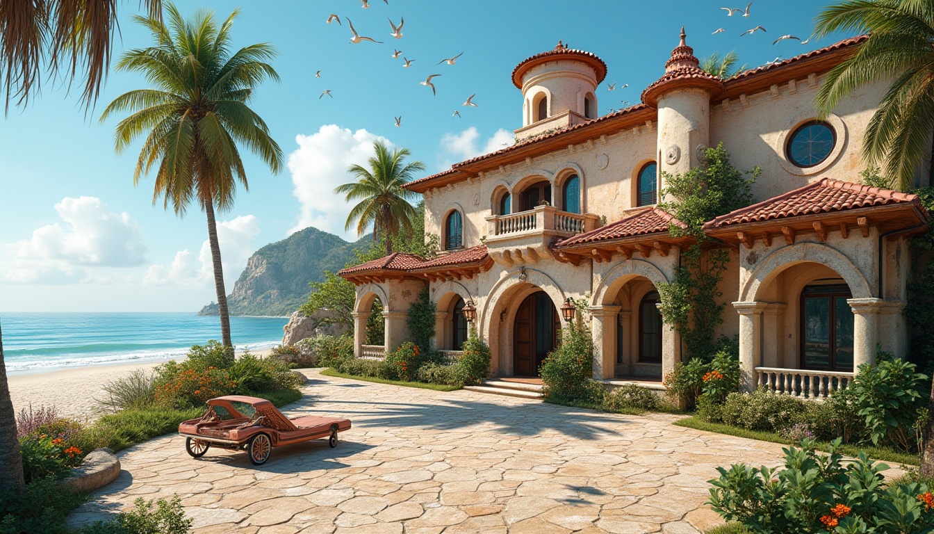 Prompt: Coastal Romanesque architecture, Mediterranean seaside villa, corrugated metal roof, rusty brown patina, curved lines, ornate stone carvings, grand entrance, arched windows, ocean view, sandy beach, palm trees, clear blue sky, warm sunlight, dramatic shadows, 3/4 composition, symmetrical framing, rustic texture, weathered wood accents, creamy stucco walls, lush greenery, seagulls flying overhead.