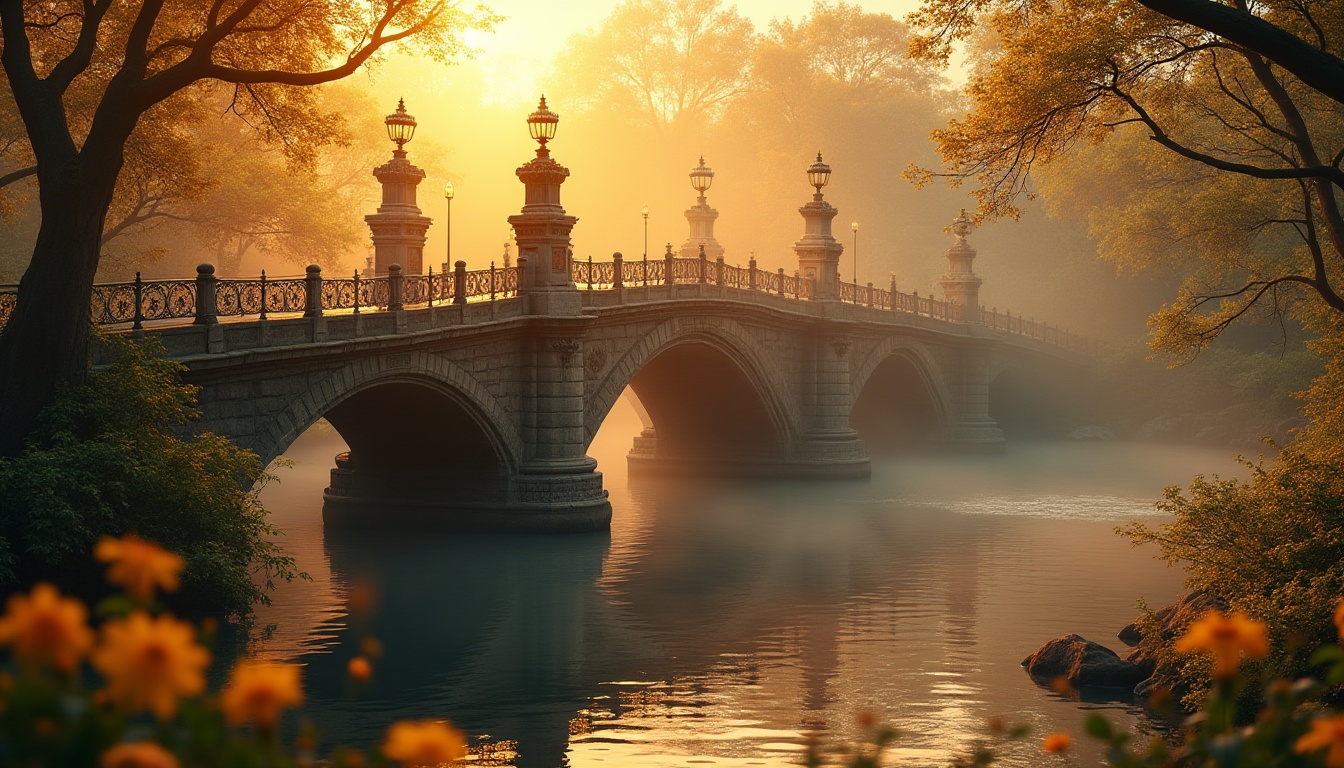 Prompt: Golden bridge, majestic arches, ornate metal railings, sunset glow, warm golden light reflecting off water, river flowing beneath, lush green trees lining both banks, vibrant yellow and orange flowers blooming, old stone pillars supporting the bridge's base, intricate carvings on the bridge's facade, gentle mist rising from the river surface, soft focus, shallow depth of field, cinematic composition, warm ambient lighting.