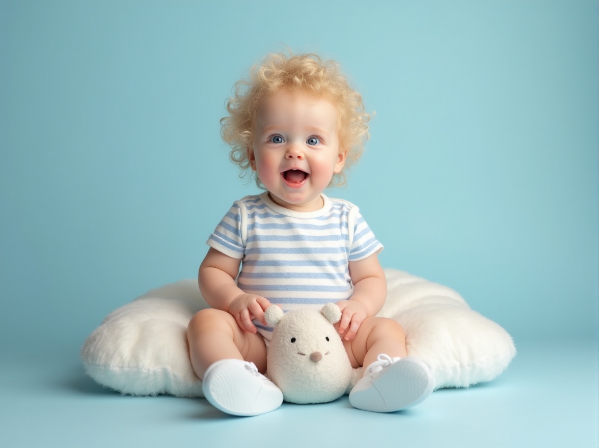 Prompt: Trendy baby, solo, 2-3 years old, bright blue eyes, curly blonde hair, cute nose, rosy cheeks, white onesie with blue stripes, tiny sneakers, sitting on a fluffy cloud-shaped pillow, holding a soft toy, pastel blue background, subtle gradient effect, warm and cozy lighting, shallow depth of field, soft focus, innocent expression.