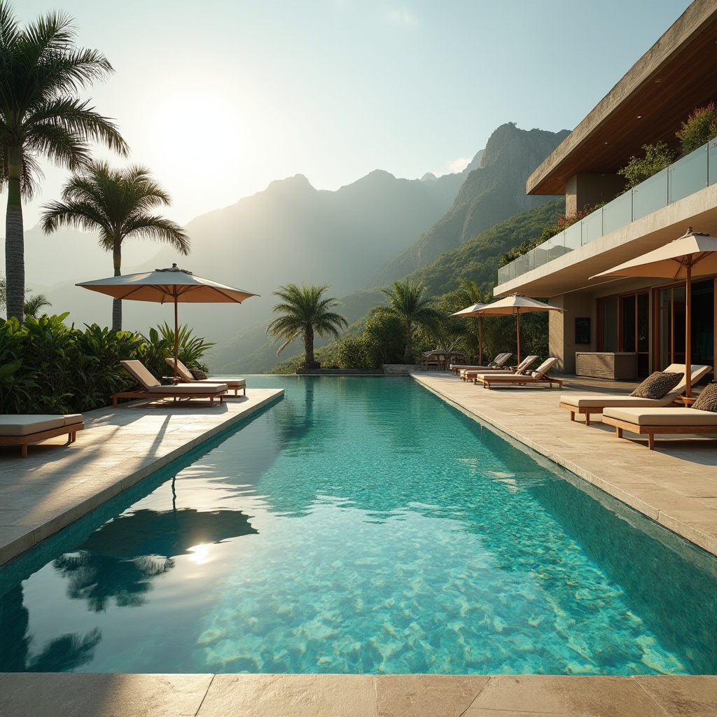 Prompt: luxurious backyard, modern villa, infinity pool, clear turquoise water, sun-kissed deck, lounge chairs, umbrella, natural stone flooring, tropical plants, palm trees, warm sunny day, dramatic mountainous backdrop, soft focus, shallow depth of field, vibrant colors, high contrast, cinematic composition, golden hour lighting.