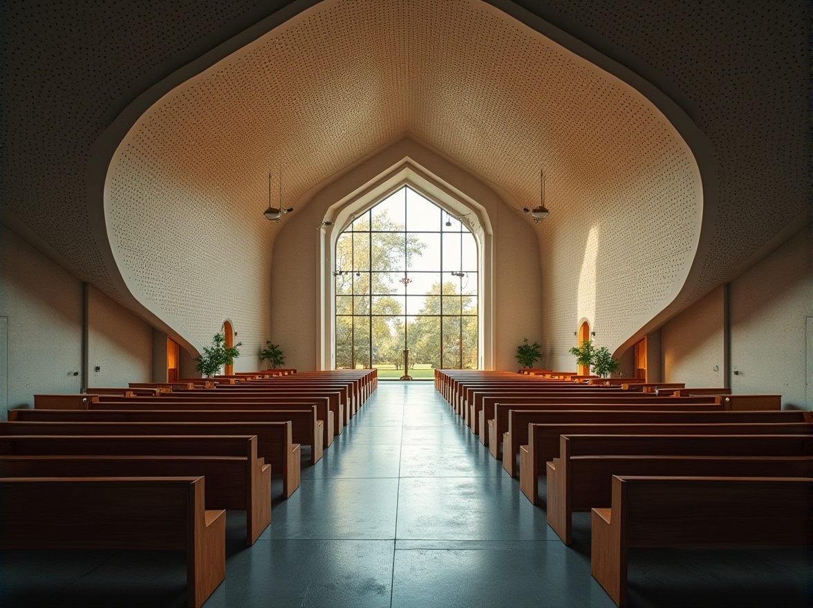 Prompt: Modern church, perforated metal ceiling, intricate patterns, natural light filtering through, subtle shadows, sacred atmosphere, minimalist decor, sleek lines, polished concrete floor, simple wooden pews, stained glass windows, vibrant colors, dramatic high ceilings, grand entrance, ornate door handles, subtle texture, industrial chic, abstract composition, low-angle shot, warm ambient lighting, cinematic mood.