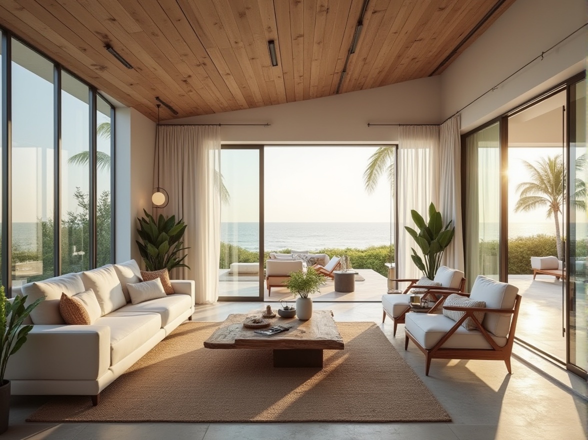 Prompt: Modern beach villa, luxurious interior design, minimalist chic, sleek lines, white walls, large windows, sliding glass doors, ocean views, natural light pouring in, polished concrete floors, reclaimed wood accents, coastal-inspired furniture, linen upholstery, driftwood coffee table, woven sea grass rug, pendant lighting, tropical plants, palm trees, beachy keen decor, relaxed ambiance, sunset hues, warm golden lighting, 3/4 composition, shallow depth of field, soft focus, natural textures.