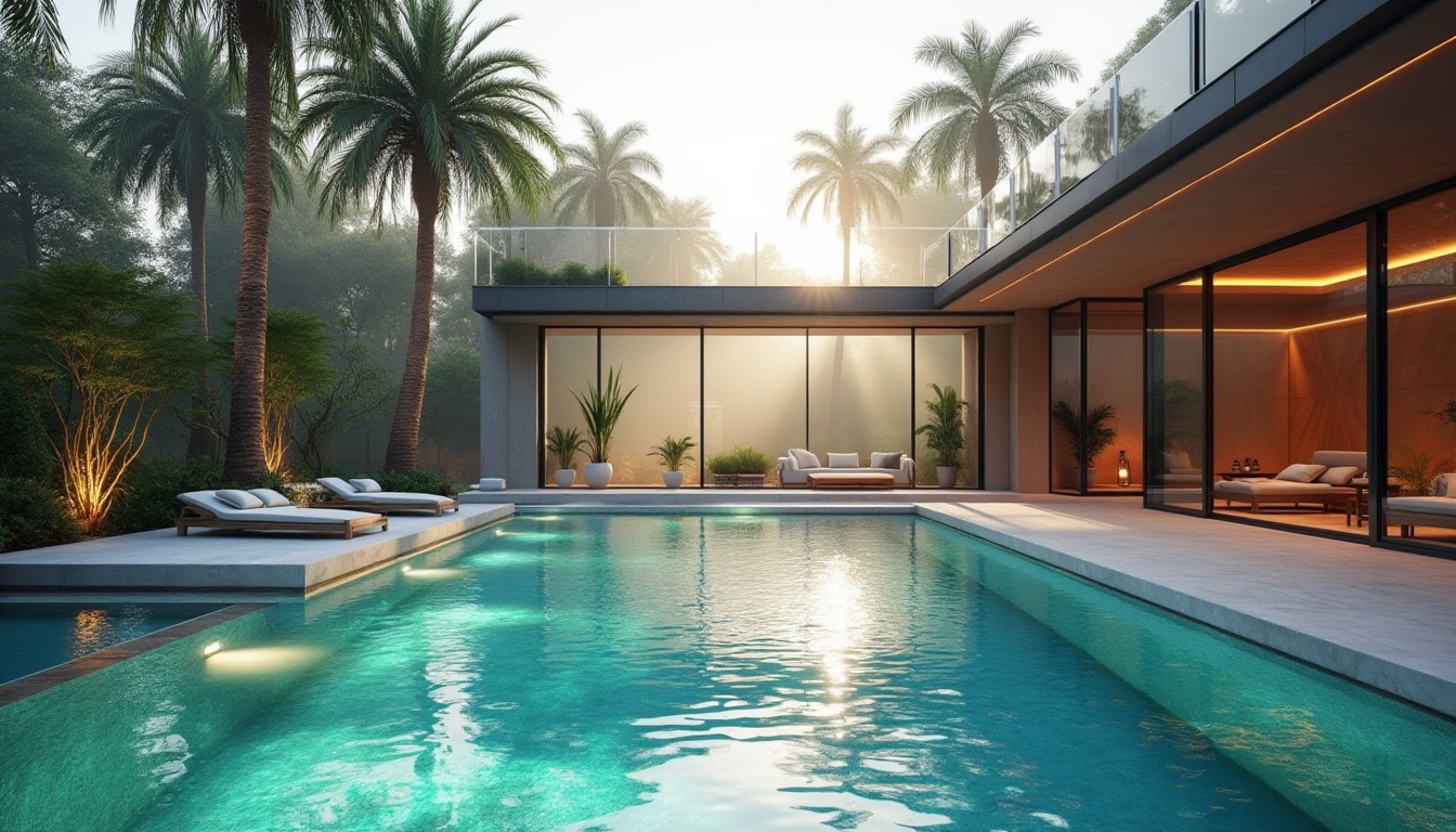 Prompt: Modern swimming pool design, Understanding Metabolism style, futuristic architecture, sleek lines, minimalist aesthetic, glass walls, steel beams, concrete floor, turquoise water, sunken loungers, tropical plants, palm trees, natural stone deck, ambient lighting, soft glow, 3/4 composition, shallow depth of field, warm atmosphere, afternoon sunlight, misty effects.