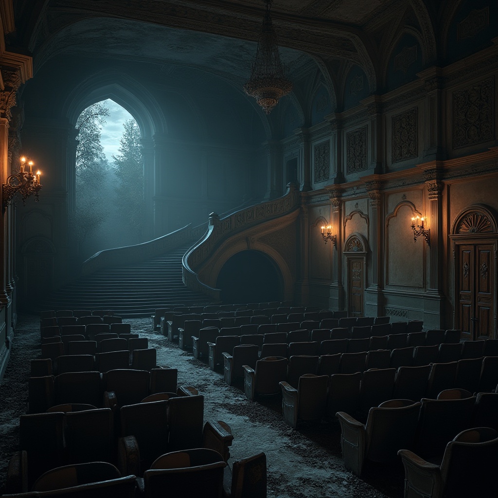 Prompt: Abandoned cinema, gothic architecture, intricate stone carvings, ornate wooden doors, grand staircase, dimly lit chandeliers, mysterious shadows, abandoned seats, dusty curtains, eerie atmosphere, night time, full moon, foggy surrounding, dark trees, mysterious forest, misty landscape, cinematic composition, low-angle shot, dramatic lighting, 3/4 view.