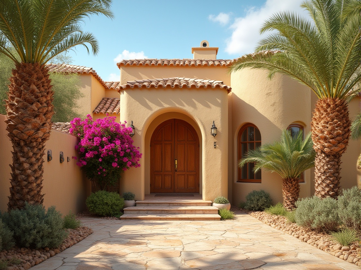 Prompt: Desert villa, Gainsboro color, warm beige, earthy tone, rustic exterior wall, Mediterranean style, curved arches, clay roof tiles, lush green palm trees, vibrant bougainvillea flowers, wooden door, bronze door handle, stone pathway, desert landscape, sunny day, clear blue sky, soft warm light, low-angle shot, cinematic composition.