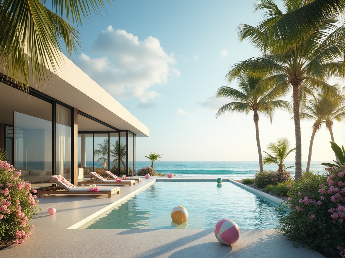 Prompt: Modern beachside villa, sleek lines, minimalist architecture, large windows, sliding glass doors, ocean views, palm trees swaying gently, beach balls scattered, tropical flowers blooming, sunny afternoon, warm soft lighting, shallow depth of field, 3/4 composition, pastel color palette, gentle sea breeze, sound of waves crashing.