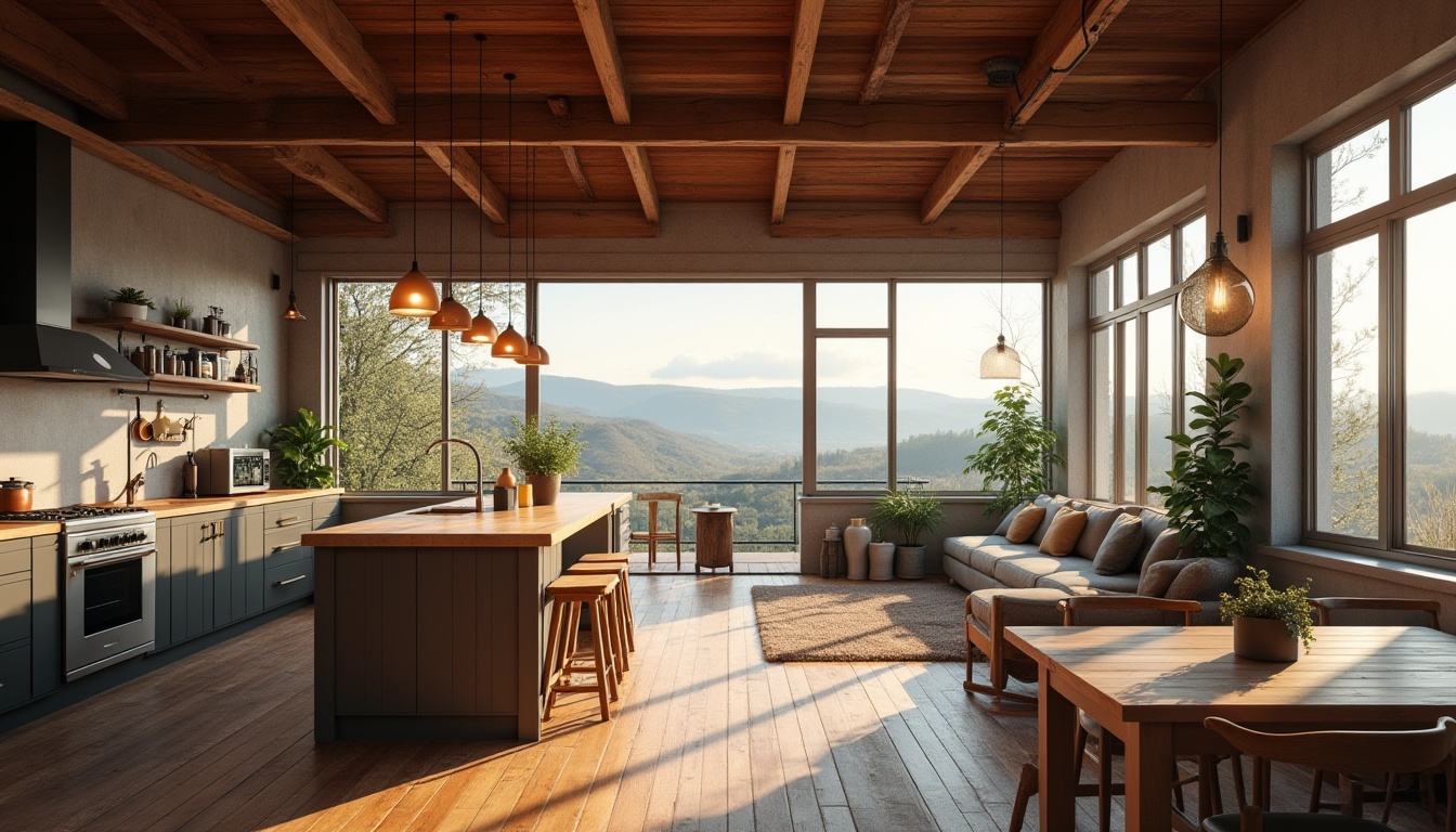 Prompt: Rural loft social housing, community spaces, wooden beams, natural light, communal kitchen, island counter, pendant lamps, rustic wood flooring, cozy corner sofa, large windows, panoramic view, rolling hills, countryside scenery, outdoor patio, metal railing, potted plants, warm atmosphere, soft lighting, 3/4 composition.