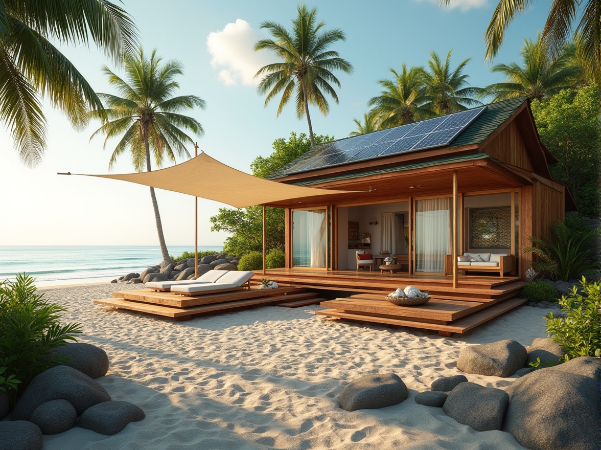 Prompt: Beachside villa, eco-friendly architecture, large windows, solar panels, recycled wood, green roof, ocean view, sandy beach, palm trees, coastal erosion protection, stilts foundation, natural ventilation, energy-efficient appliances, minimalist interior design, reused boat sail shade, bamboo furniture, seashell decorations, driftwood accents, calm atmosphere, warm sunlight, gentle sea breeze, 3/4 composition, soft focus, serene ambiance.