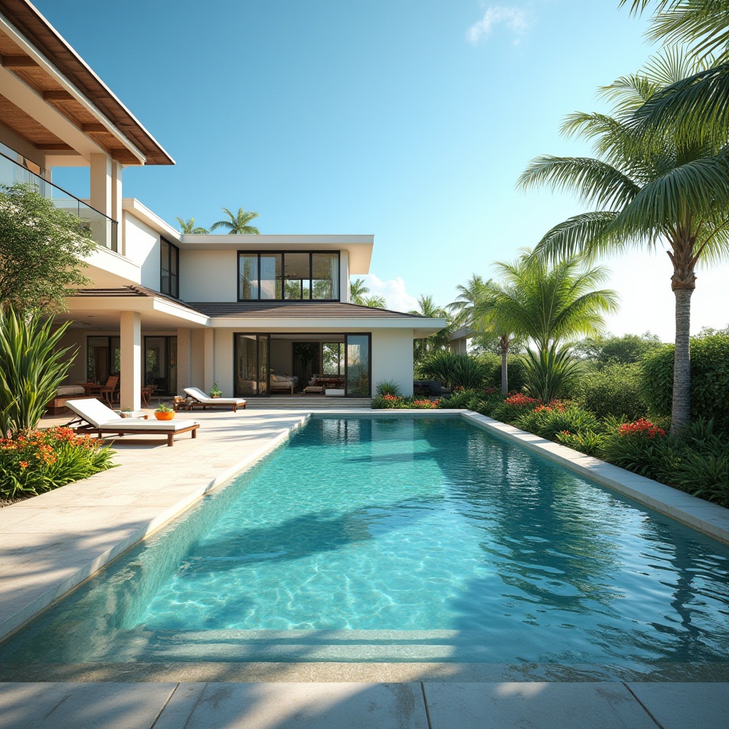 Prompt: Luxurious villa, backyard, poolside, sunny day, clear blue sky, Chukum material, modern swimming pool, rectangular shape, 15m length, 8m width, turquoise water, gentle ripples, natural stone pavement, comfortable lounge chairs, refreshing cocktails, tropical plants, palm trees, vibrant flowers, warm ambient lighting, soft focus, shallow depth of field.