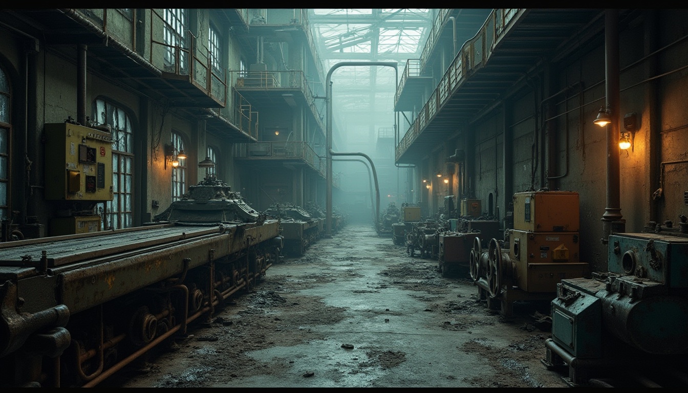 Prompt: Industrial area, factory, abandoned, rusty machinery, metal pipes, concrete floor, dim lighting, foggy atmosphere, old brick walls, broken windows, steel beams, catwalks, ladders, control panels, warning signs, industrial lamps, worn-out conveyor belts, puddles of oil, dusty air, realistic textures, cinematic composition, high-angle shot, dramatic lighting.