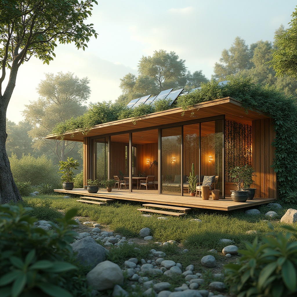 Prompt: Eco-friendly pavilion, sustainable architecture, green roof, solar panels, recycled materials, natural ventilation, open layout, wooden structure, minimalist design, abundant plants, vertical garden, tranquil ambiance, warm lighting, daytime scene, gentle breeze, subtle shadows, serene atmosphere, panoramic view, 3/4 composition, soft focus, shallow depth of field.