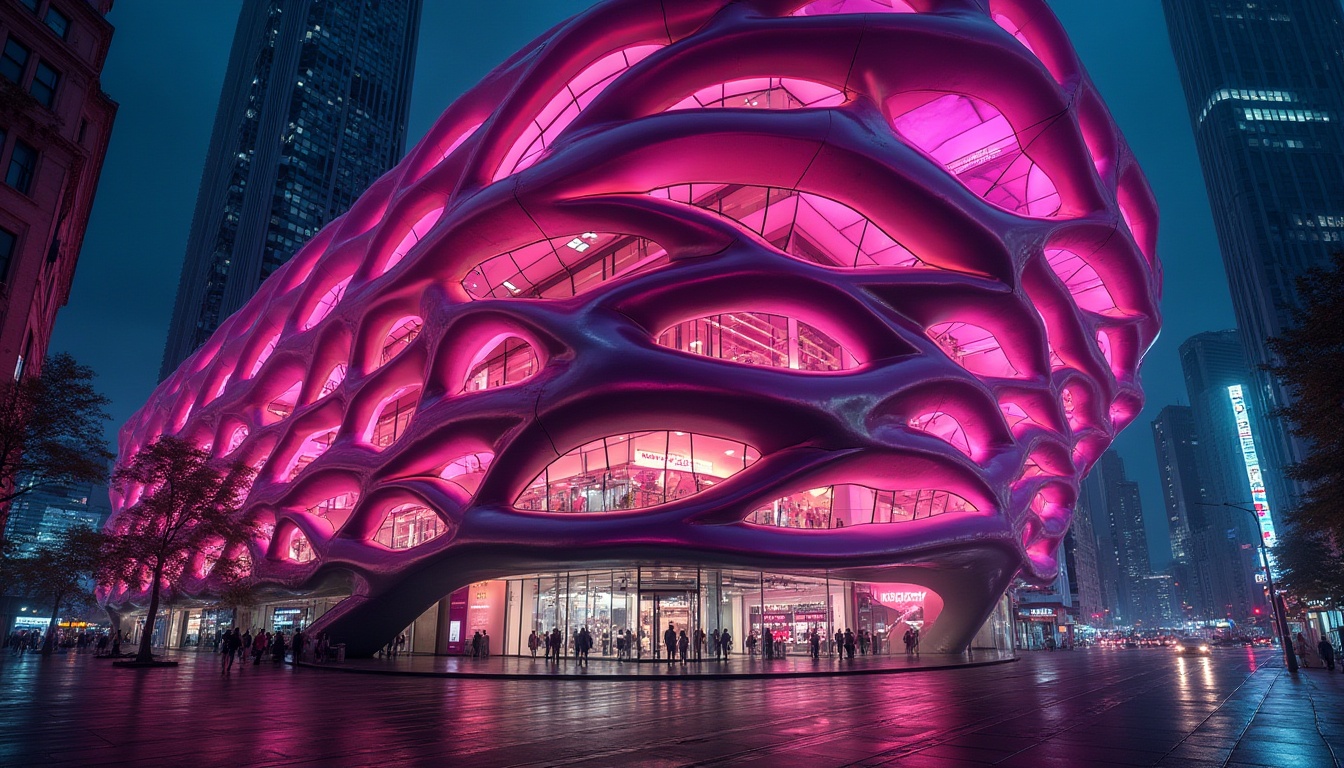 Prompt: Futuristic building, vibrant fuchsia exterior walls, sleek metallic accents, curved lines, neon lights, urban cityscape, night scene, bustling streets, dramatic reflections on glass surfaces, abstract geometric patterns, modern art installation, bold architectural statements, dynamic composition, low-angle shot, cinematic lighting, 3/4 view, moody atmosphere, HDR rendering.