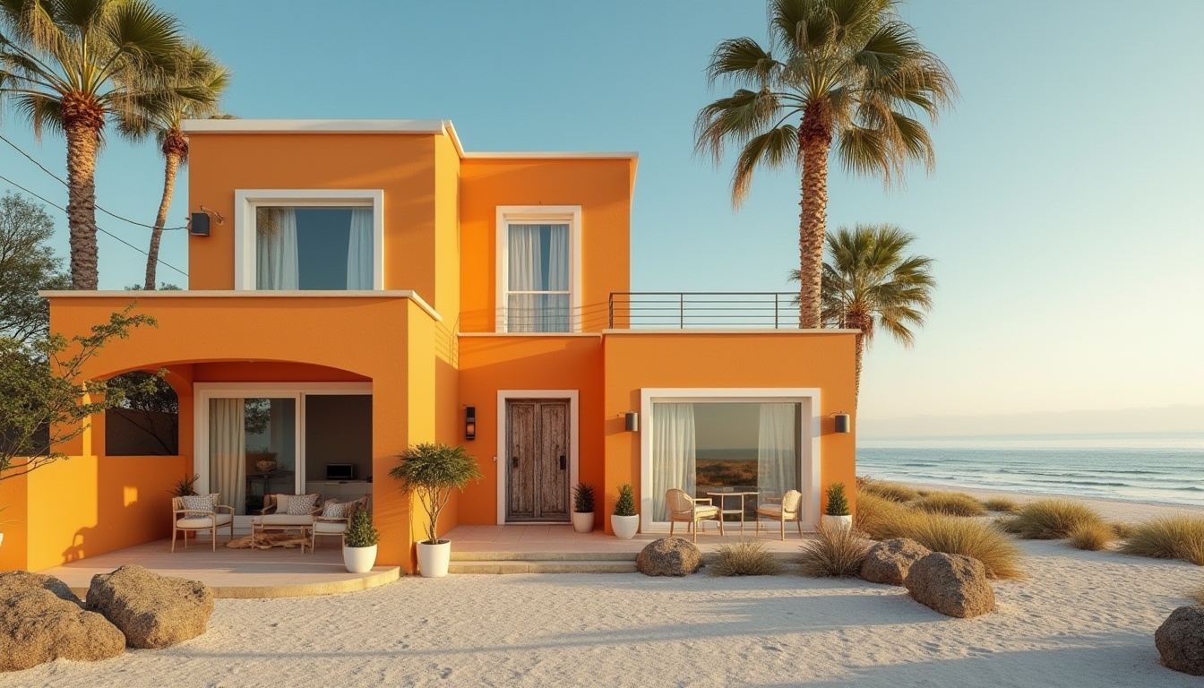 Prompt: Coastal home, tangerine color, vibrant exterior wall, white trim, modern architecture, large windows, beach view, palm trees, sandy dunes, clear blue sky, warm sunlight, 3/4 composition, slight angle, soft focus, natural texture, Mediterranean style, rustic wooden door, potted plants, outdoor furniture.