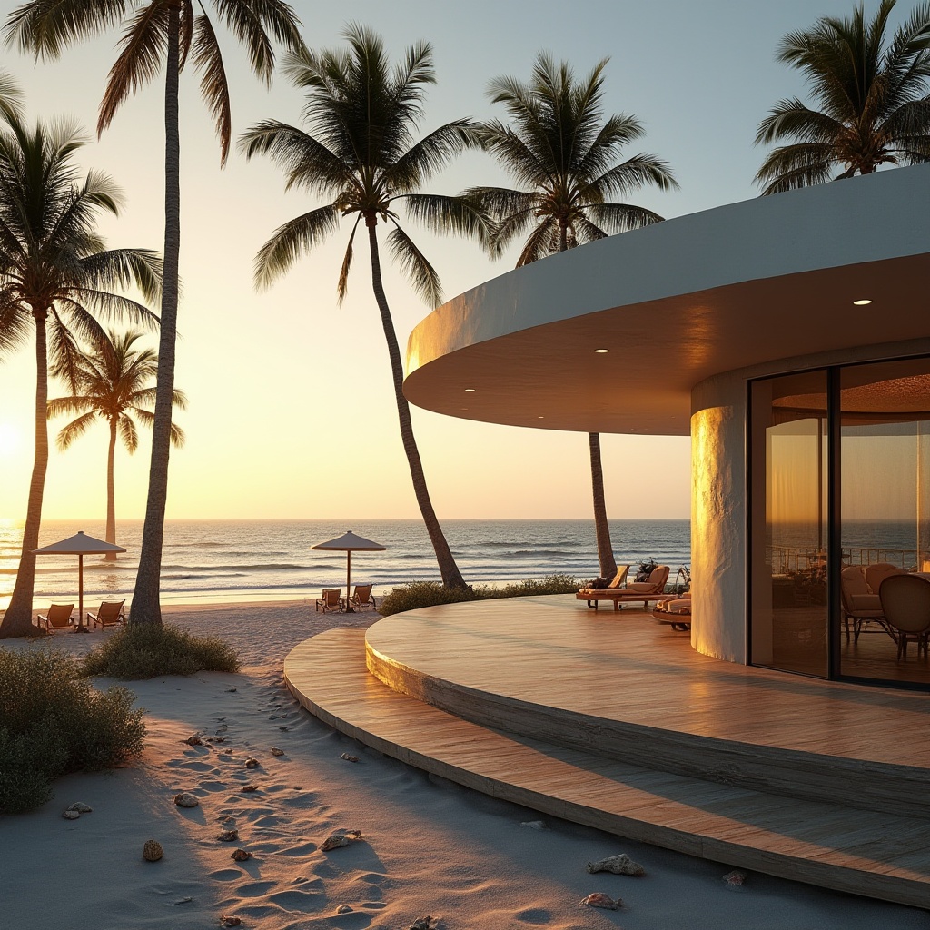 Prompt: Beachside, modern villa, galvanized steel structure, curved lines, reflective surface, ocean view, sunset time, warm golden light, gentle sea breeze, palm trees swaying, beach chairs and umbrellas, sandy dunes, seashells scattered, driftwood, weathered wooden planks, rustic textures, natural materials, minimalist decor, 3/4 composition, shallow depth of field, soft focus, serene atmosphere, coastal living.