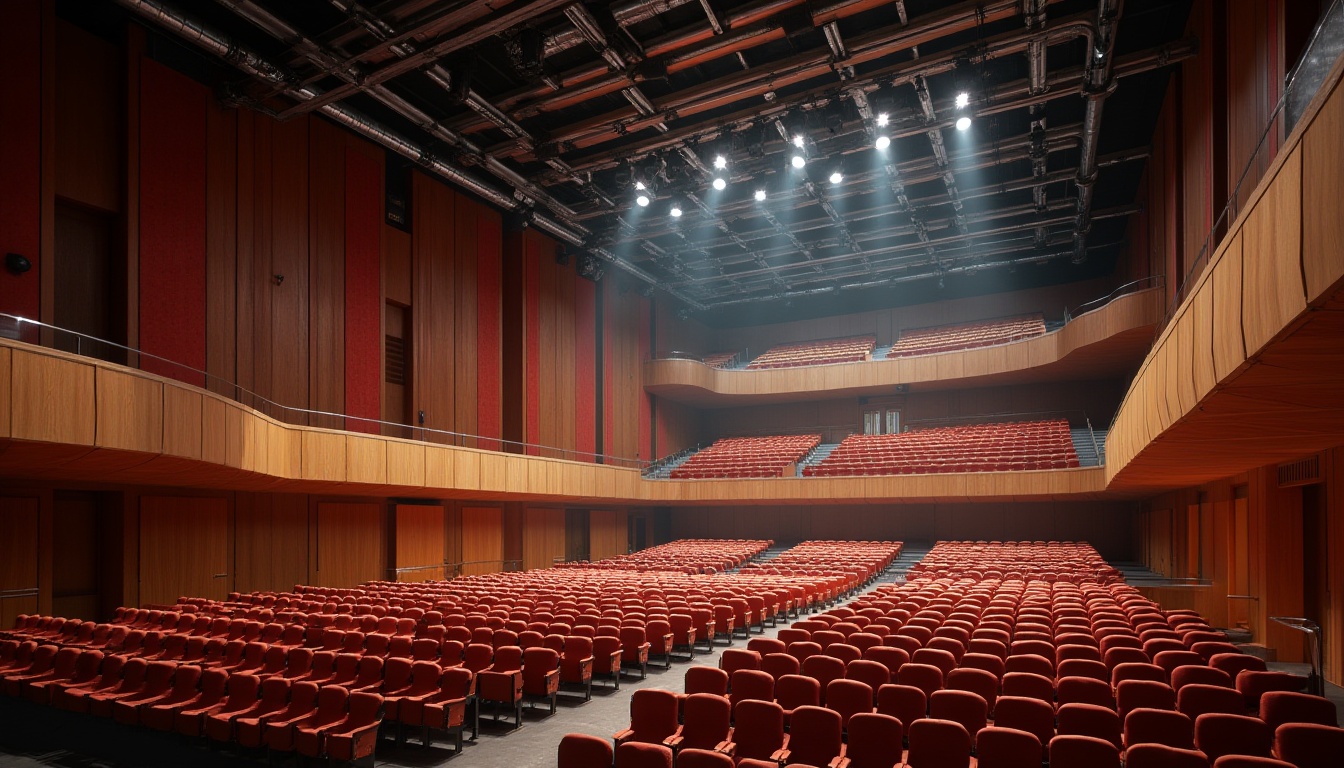 Prompt: Auditorium interior, steel beams, curved lines, polished metal, modern architecture, high ceiling, spotlights, audience seating, wooden chairs, red velvet curtains, acoustic panels, soundproofing materials, detailed reflections, afternoon light, warm atmosphere, minimalist design, structural elements, industrial feel, urban setting.