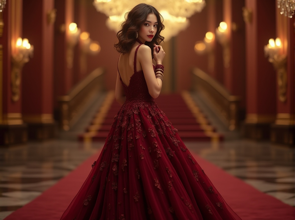 Prompt: Burgundy color, luxurious velvet fabric, intricate lace details, ornate gold accessories, lavish curls hairstyle, bold red lips makeup, elegant evening gown, flowing train, low-cut back, delicate ankles, high heels, grand staircase, opulent ballroom, crystal chandelier, soft warm lighting, 3/4 composition, cinematic angle.