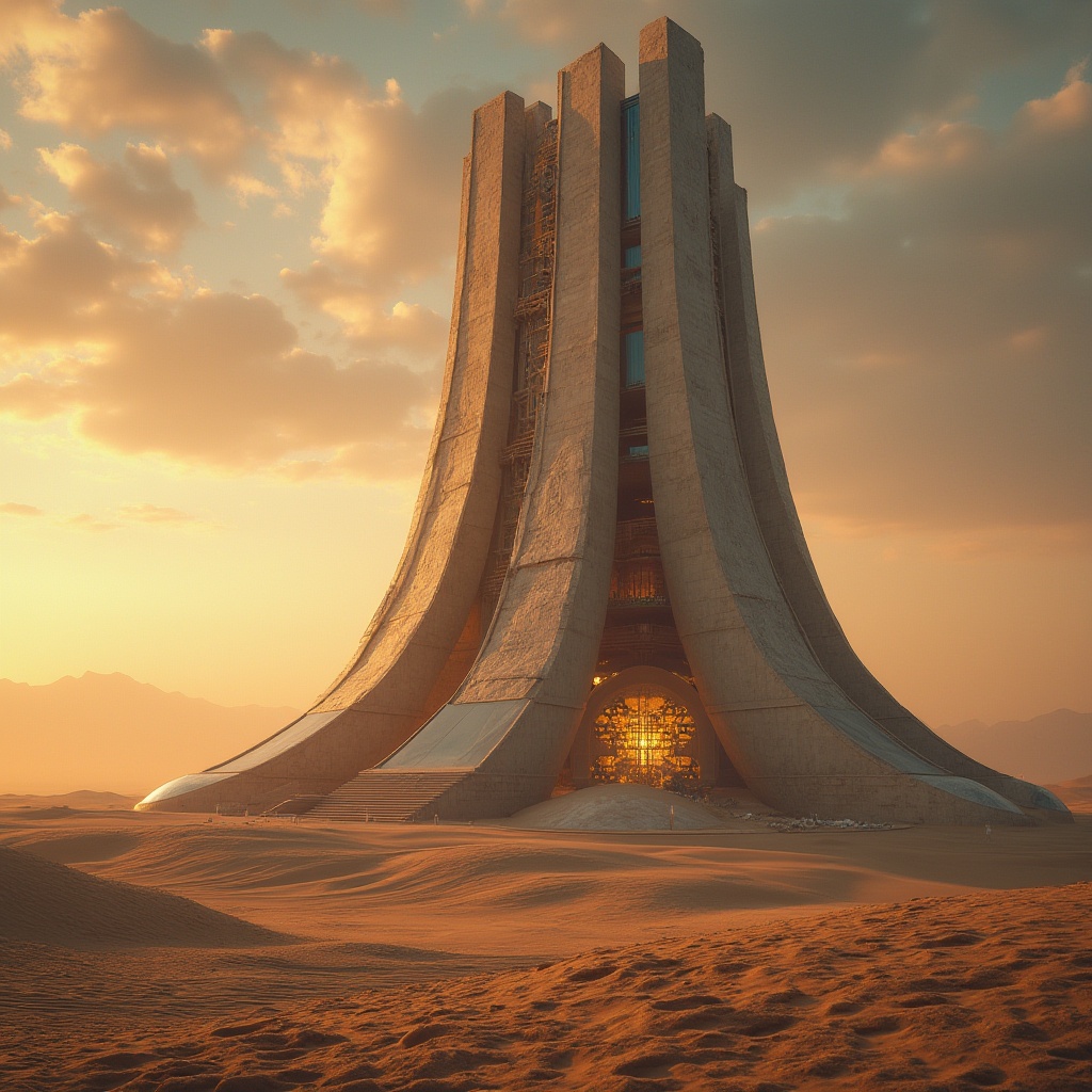 Prompt: Futuristic desert monument, intricate stone carvings, sandy dunes background, dramatic sunset lighting, vast open spaces, majestic architectural structure, metallic accents, reflective glass surfaces, sleek curves, abstract patterns, ancient mysterious ambiance, low-angle shot, cinematic composition, warm golden light, atmospheric haze, distant mountains silhouette.