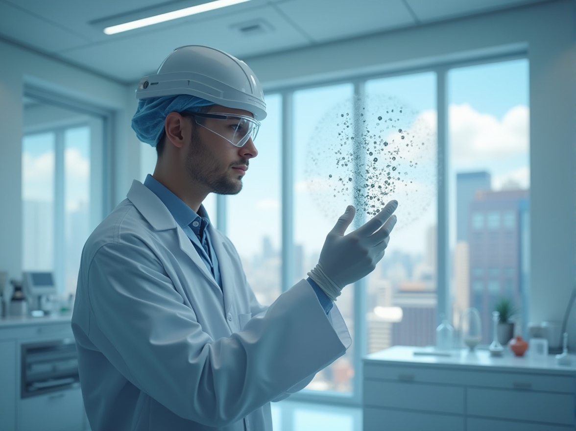 Prompt: Modern laboratory setting, scientist in white coat, goggles, gloves, holding polycarbonate sample, transparent background, bright LED lighting, molecular structure visualization, futuristic equipment, minimalist decor, urban cityscape outside windows, clouds, sunny day, shallow depth of field, realistic rendering, ambient Occlusion.