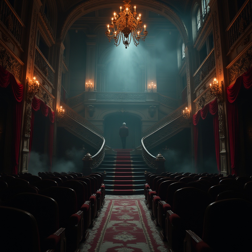 Prompt: Gothic cinema interior, dimly lit, ornate decorations, intricate stone carvings, grand staircase, red velvet curtains, luxurious seats, Baroque chandeliers, mysterious ambiance, cinematic lighting, low-key tone, 3/4 composition, facial close-up, atmospheric fog, mysterious shadows, dramatic archways, ornate mirrors, lavish furnishings, eerie atmosphere, abandoned feel, old film cameras, vintage projectors, cinematic equipment, mysterious storyteller, narrative scene.