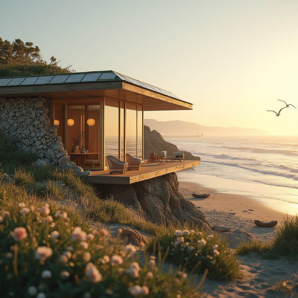 Prompt: Coastal villa, sustainable architecture, eco-friendly, modern minimalist, large windows, solar panels, green roof, recycled materials, wooden accents, driftwood decoration, seashell-inspired facade, oceanview, beachside, sunset time, warm golden light, gentle sea breeze, waves crashing, seagulls flying overhead, distant lighthouse, sandy dunes, beach flowers, natural texture, earthy tone, calming atmosphere, soft focus, shallow depth of field, cinematic composition.