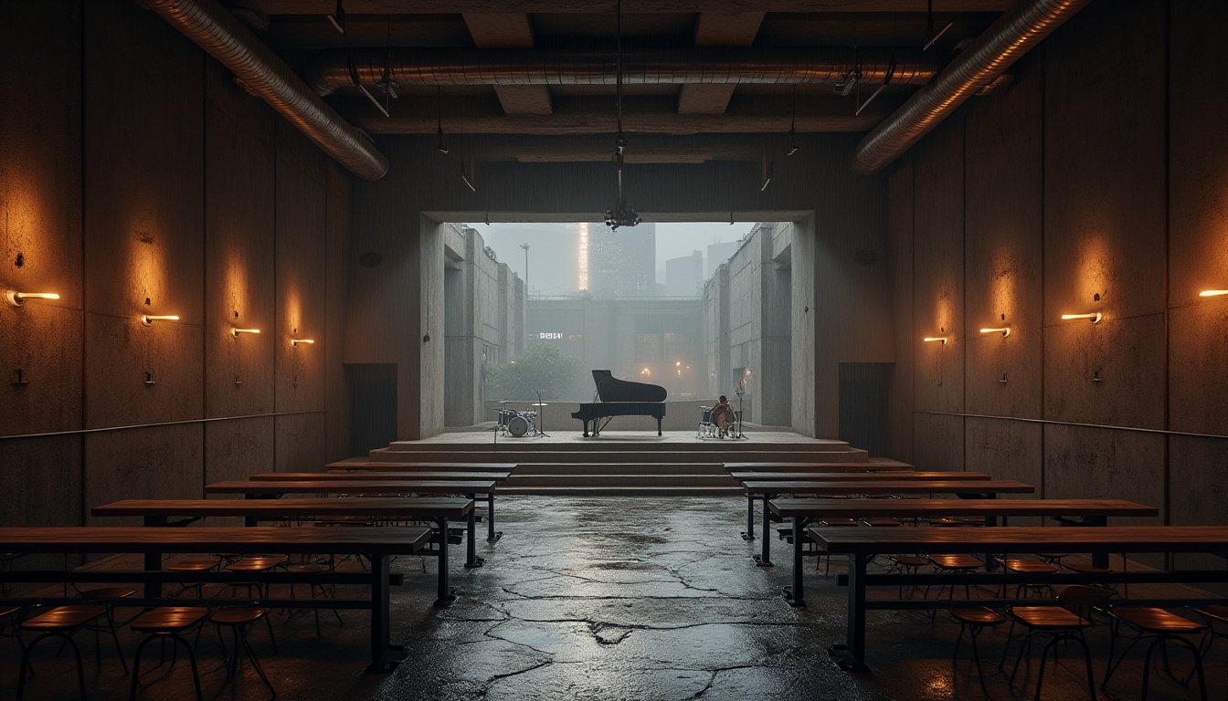 Prompt: Brutalist music venue, industrial concrete walls, exposed ductwork, minimalist decor, dimmed warm lighting, spotlights on stage, wooden benches, metal chairs, grand piano, drum set, microphone, acoustic guitar, soundproofing materials, textured stone floor, urban cityscape outside, rainy night, foggy atmosphere, dramatic shadows, low-angle shot, cinematic composition.