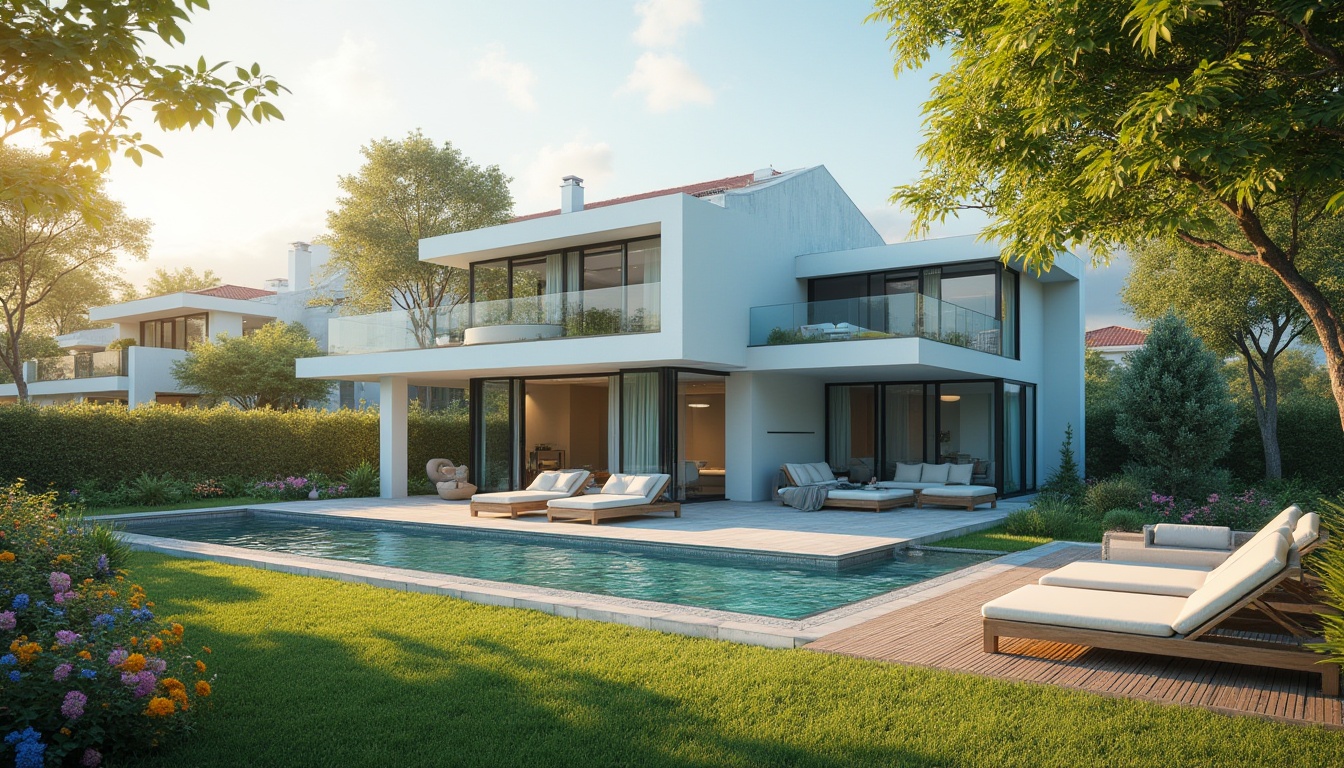 Prompt: Soft light blue walls, modern villa, residential area, afternoon sun, gentle warm lighting, 3/4 composition, tranquil atmosphere, beautiful garden, lush green grass, vibrant colorful flowers, water feature, small fountain, comfortable outdoor seating, wooden patio, soft cushions, calm ambiance, peaceful neighborhood, realistic rendering, high dynamic range.