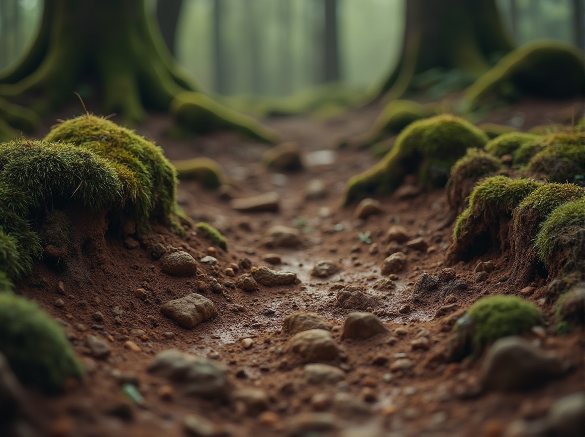 Prompt: Muddy texture, earthy tone, natural material, rough surface, organic pattern, irregular shape, clay-like consistency, rustic design, outdoors setting, forest floor, tree roots, moss-covered rocks, misty atmosphere, warm lighting, 3/4 composition, shallow depth of field, realistic rendering.