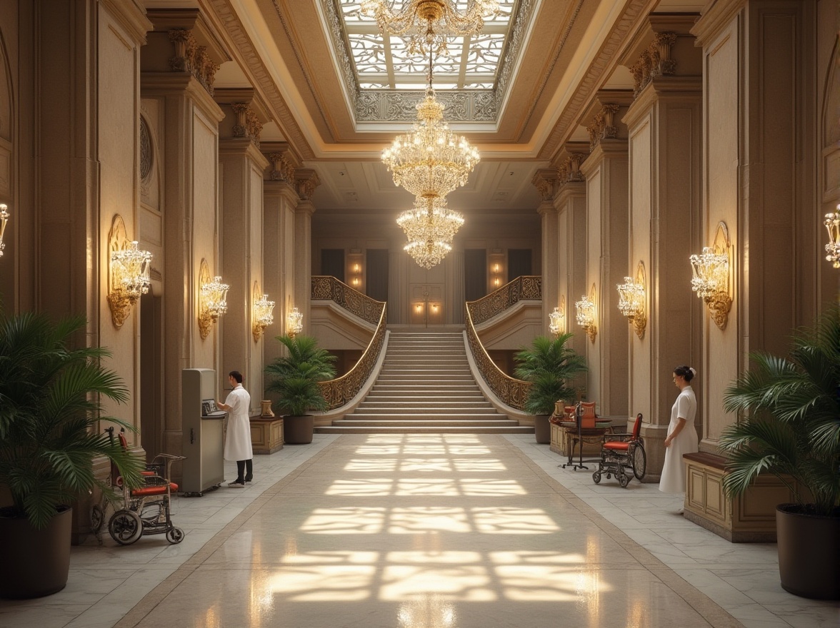 Prompt: Grand hospital entrance hall, Art Deco style, incorporating limestone columns, ornate geometric patterns, luxurious chandeliers, high ceilings, grand staircase with intricate metalwork banisters, polished limestone floors, elegant nurse uniforms, medical equipment, doctor's white coat, patients' wheelchairs, lush green plants, subtle warm lighting, soft shadows, 1930s ambiance, classic architectural details, symmetrical composition, wide-angle lens.