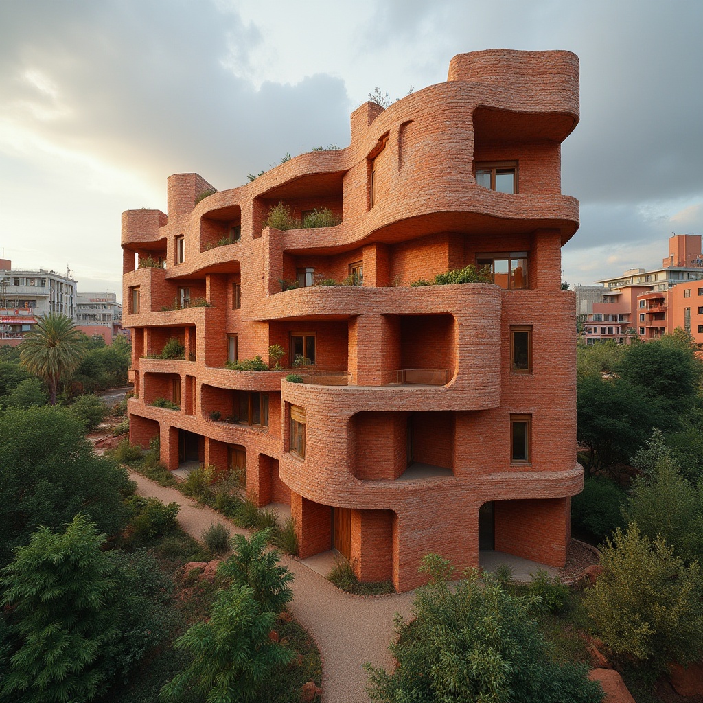 Prompt: Fire brick, sustainable building material, social housing, architectural design, modern urban planning, eco-friendly construction, red-orange color tone, textured surface, irregular shape, rustic aesthetic, greenery surroundings, cityscape background, cloudy sky, natural light, 3/4 composition, shallow depth of field, warm ambient lighting.