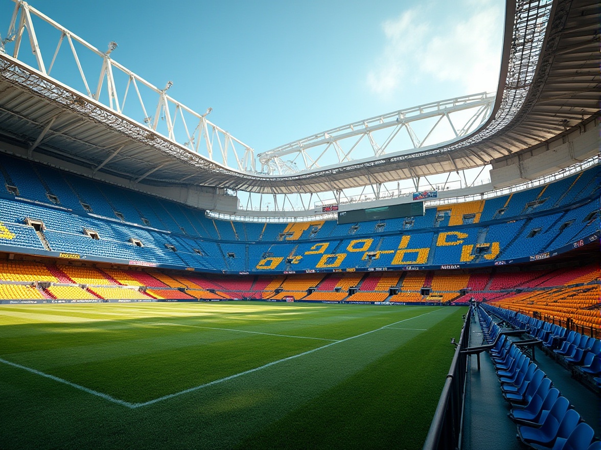 Prompt: Stadium architecture, vibrant color scheme, exterior walls with bold stripes, bright blue seats, yellow accents, green grass, massive steel beams, modern design, sleek lines, angular shapes, sunny day, dramatic shadows, low-angle shot, dynamic composition, warm lighting, afternoon atmosphere, urban landscape, cityscape backdrop, distant skyscrapers.