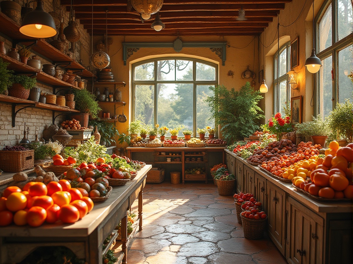 Prompt: Eclectic grocery store, warm golden color scheme, vintage decorations, antique wooden shelves, distressed metal baskets, ornate mirrors, pendant lamps, colorful tiles, marble countertops, woven wicker baskets, abundance of fresh fruits and vegetables, overflowing flower arrangements, natural stone walls, earthy tone flooring, soft warm lighting, afternoon sunlight streaming through large windows, shallow depth of field, inviting atmosphere, rustic-chic composition.