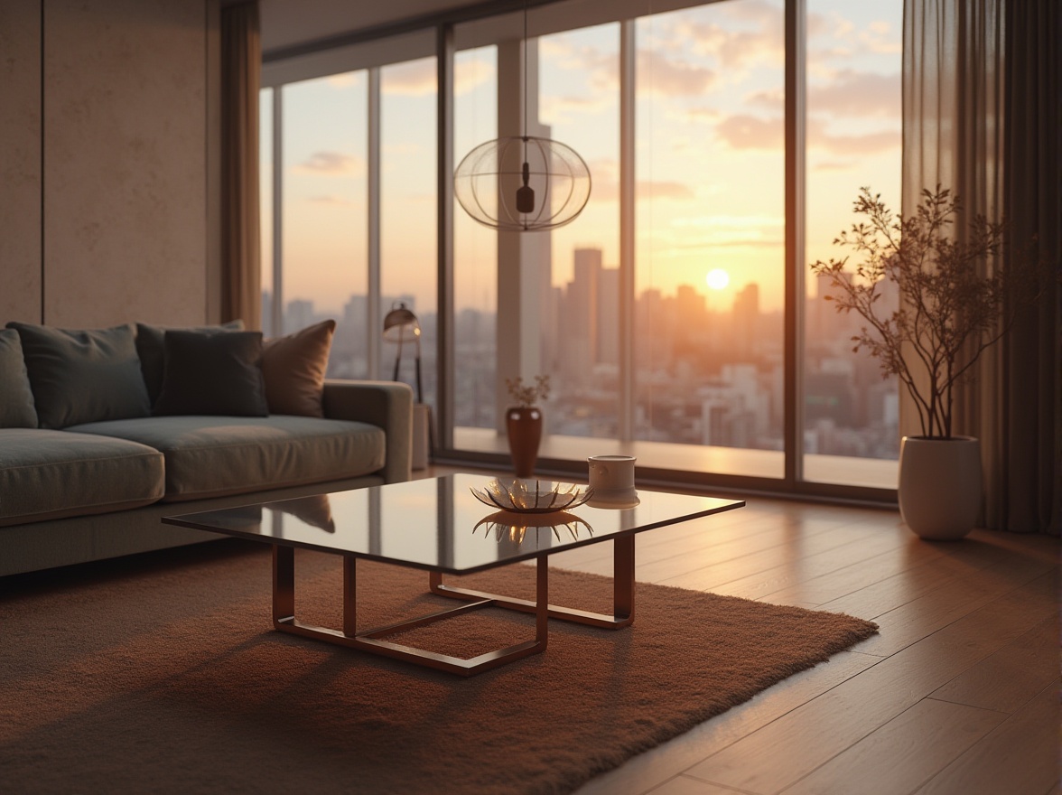 Prompt: Modern minimalist interior design, luxurious living room, sleek coffee table, glass surface, metal legs, ambient light, soft shadows, 3/4 composition, warm colors, comfortable couch, velvet upholstery, wooden floor, large window, natural light, cityscape view, sunset, soft focus, shallow depth of field.