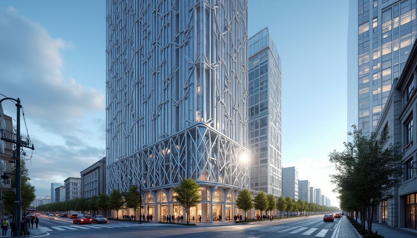 Prompt: Modern skyscraper, steel-framed structure, urban cityscape, reflective glass windows, metallic latticework, angular lines, sleek design, daytime, clear blue sky, few white clouds, busy streets, pedestrians walking by, trees lined up along sidewalk, subtle sunlight reflection on metal, high-angle shot, cinematic composition, HDR, 3/4 view.