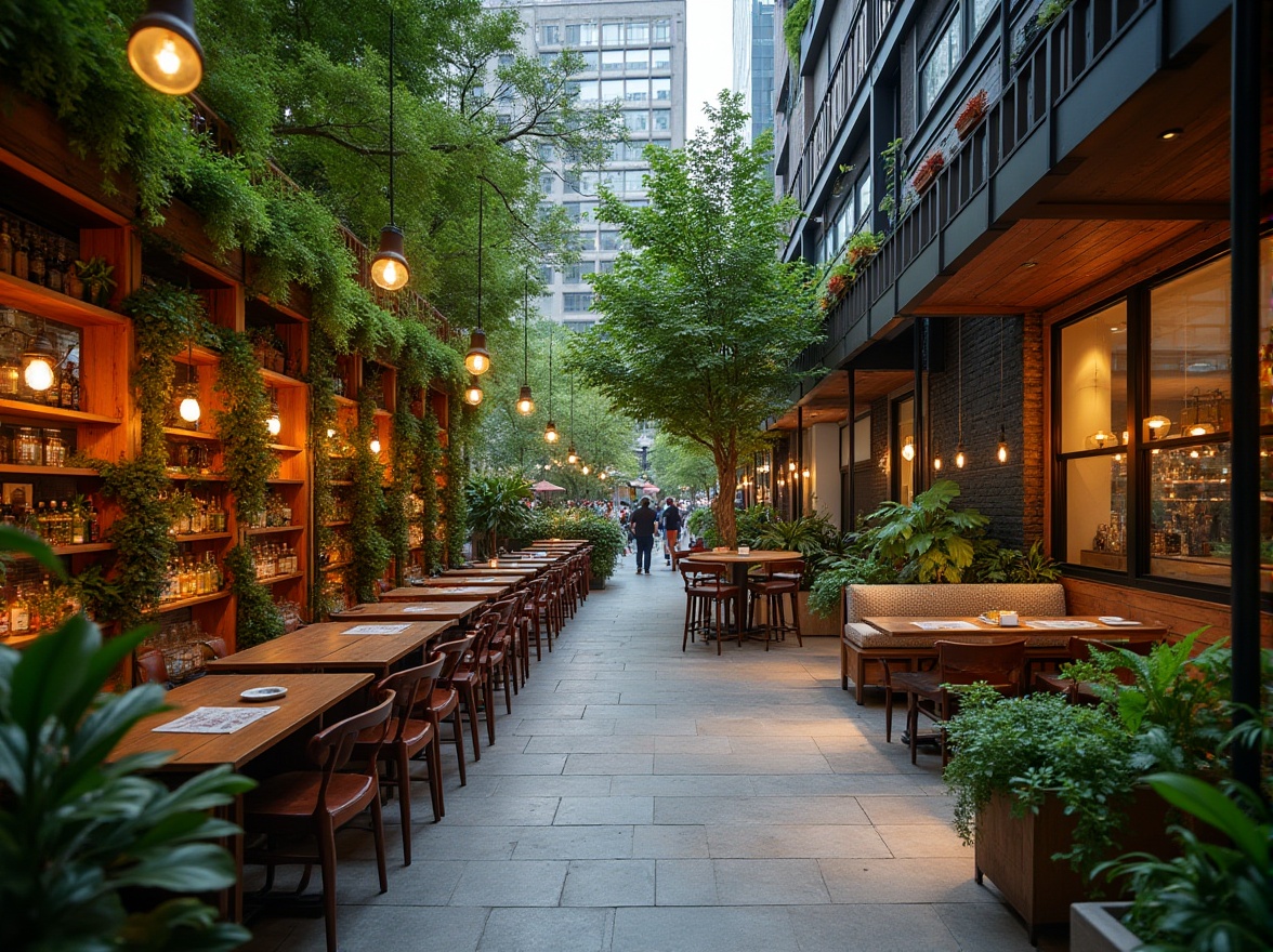 Prompt: Urban community space, lush green architecture, vibrant city square, modern bar design, wooden accents, living walls, vertical gardens, natural stone floors, reclaimed wood tables, cozy lounge seating, pendant lamps, warm ambient lighting, cityscape background, blurred pedestrians, bustling atmosphere, 3/4 composition, cinematic mood, HDR, wide-angle lens.