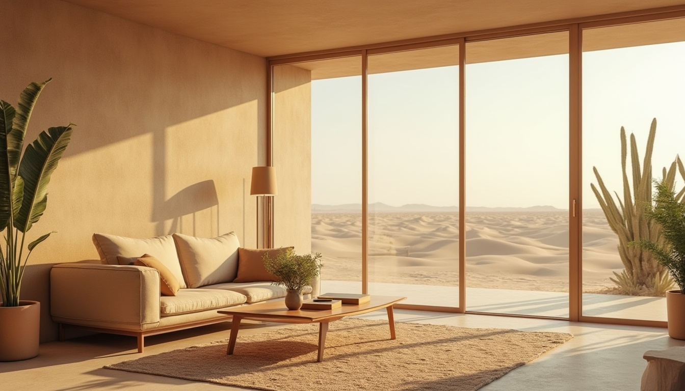 Prompt: Sand-colored background, modern villa, large glass windows, minimalist interior design, sandy dunes, desert landscape, sunny day, warm soft lighting, shallow depth of field, 3/4 composition, beautiful detailed texture, realistic, ambient light, cinematic composition, natural material, earthy tone, rough sand surface, intricate patterns on furniture, beige couch, wooden coffee table, green plants, floor-to-ceiling windows, panoramic view.