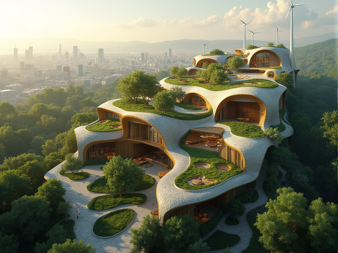 Prompt: Organic architecture, successful case studies, modern buildings, green roofs, curved lines, natural materials, wood accents, solar panels, wind turbines, eco-friendly design, sustainable living, futuristic vibes, cityscape, urban planning, innovative structures, bold shapes, vibrant colors, dynamic lighting, aerial view, drone shot, 3/4 composition, warm ambient light, cinematic mood.