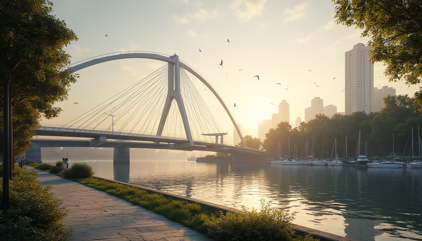 Prompt: International style bridge, curved lines, minimalist structure, steel arches, suspended roadway, urban landscape, modern cityscape, riverside, evening time, warm golden lighting, reflections on calm water, subtle mist, few sailboats docked, seagulls flying overhead, lush greenery, vines crawling up pillars, stone pavement, pedestrians strolling, soft focus background, cinematic composition, low-angle shot, atmospheric perspective.