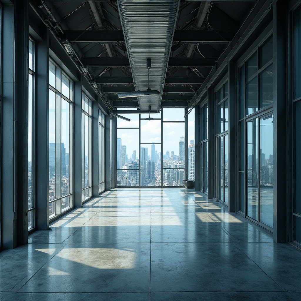 Prompt: Industrial style, steel-framed materials, modern architecture, urban setting, cityscape, skyscraper, glass walls, metal beams, concrete floor, minimal decor, sleek lines, angular shapes, metallic texture, reflective surfaces, high ceilings, open space, natural light, panoramic view, bird's eye view, 3/4 composition, dramatic shadows, cool tone lighting.