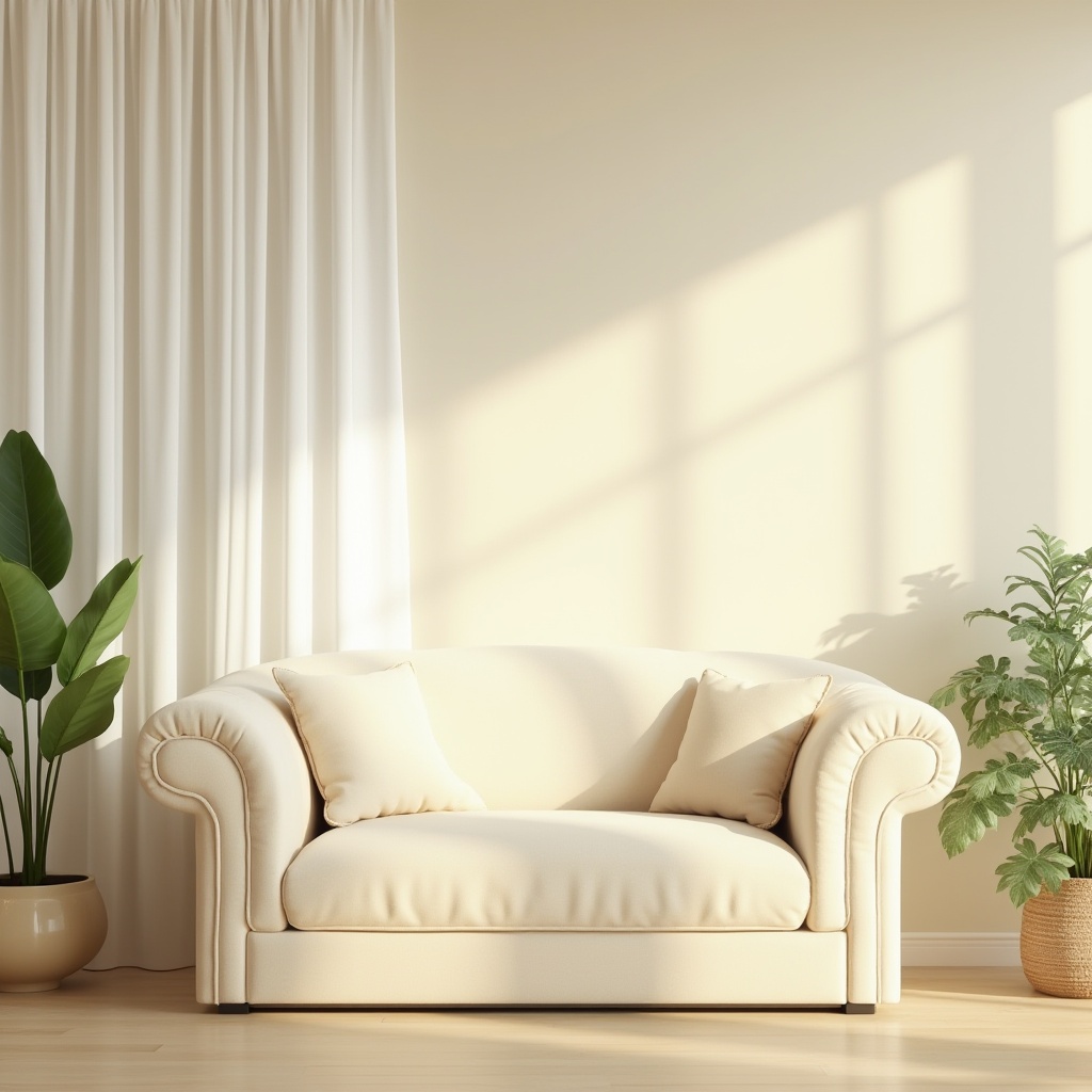 Prompt: Cream-colored wall, soft focus, calming atmosphere, serene ambiance, minimalist modern interior, natural light pouring in through large windows, elegant white curtains, comfortable plush sofa, matching cream-colored throw pillows, gentle curve lines, subtle texture, warm beige flooring, few potted plants with soft green leaves, peaceful morning scene, indirect sunlight, cinematic composition, shallow depth of field, relaxing mood.