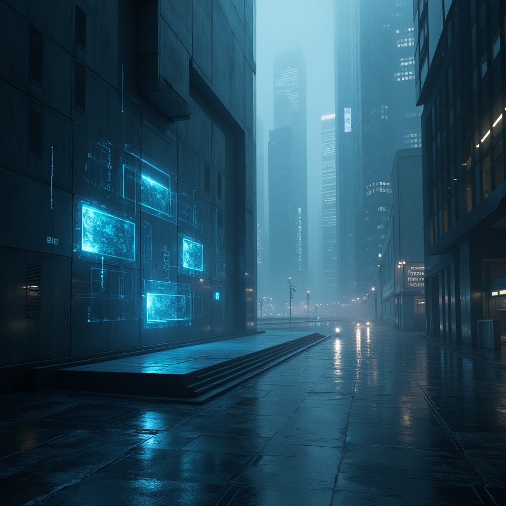 Prompt: High-tech futuristic scene, dark gray tone, neon blue accents, metallic texture, sleek lines, minimalist architecture, abstract geometric shapes, holographic display screens, cyberpunk atmosphere, cityscape at night, skyscrapers with LED lights, rainy streets, reflective surfaces, misty fog, 3/4 composition, cinematic lighting, low-key tone, moody ambiance.